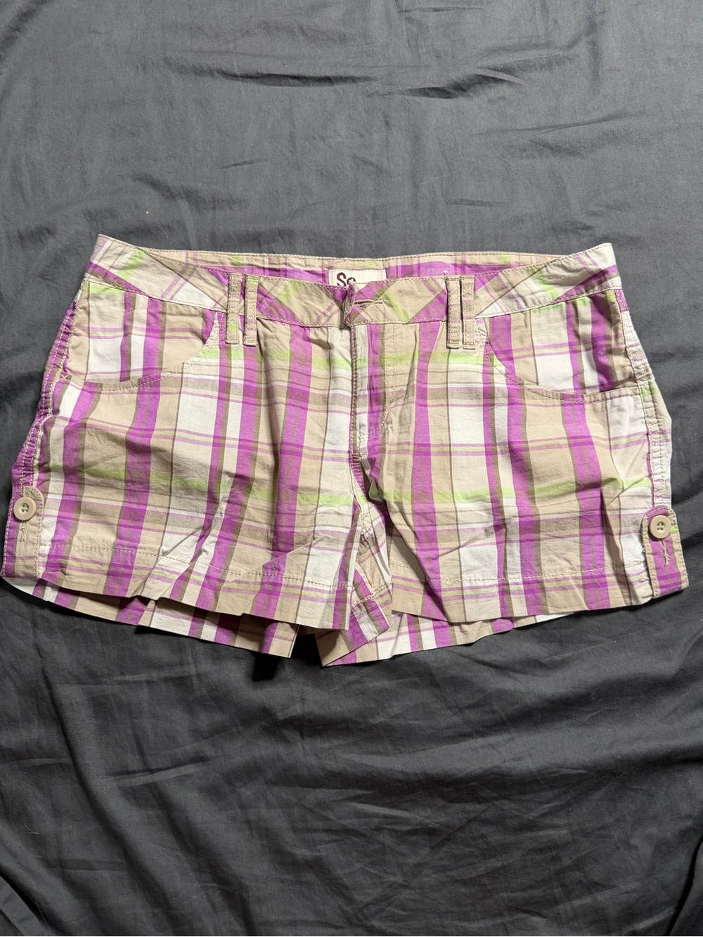 SO Plaid Women's Shorts in Purple, Tan and Light Green